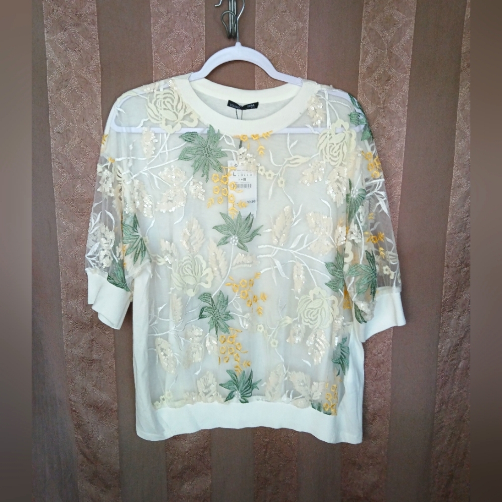 💎 ZARA Women's Top Floral Embroidered Sheer Top NWT #0024